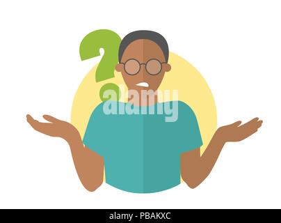 Flat design icon. Black handsome man in glasses doubts. Guy with a question mark. Simply editable isolated vector illustration Stock Vector