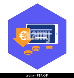 Sale, discounts, price decrease icon. Tablet pc with arrow and euro sign. Flat design vector illustration Stock Vector