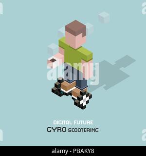 Young man riding electric gyroscooter. Cubes composition isometric vector illustration of modern device gyro scooter. Guy with cup of coffee on person Stock Vector