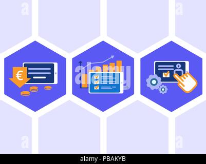 Set of icons concerning to table pc device: low price, high scores, simple settings. Flat design vector illustrations Stock Vector