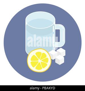 Lemonade ingredients: glass of water, lemon and sugar. Flat style isometric illustration, icon, sign Stock Vector