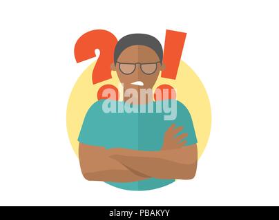 Black handsome man in glasses angry doubts, offended. Flat design icon. Guy with a question and exclamation marks. Simply editable isolated on white v Stock Vector