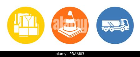 Set of road works icons: truck, vest and cone. Flat style vector signs Stock Vector