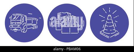 Vector set of road works icons: truck, vest and cone. Flat line style Stock Vector