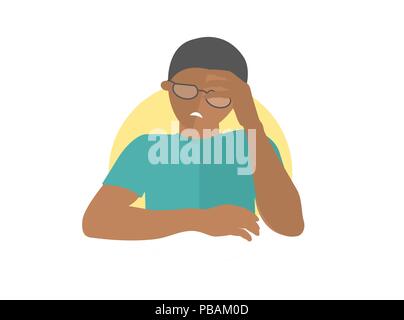 Handsome black man in glasses depressed, sad, weak. Flat design icon. Boy with feeble depression emotion. Simply editable isolated on white vector sig Stock Vector