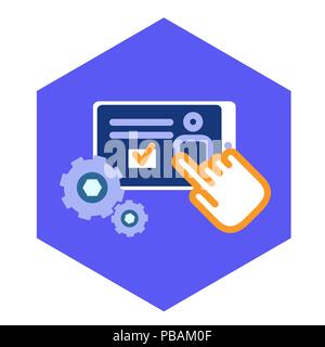 Settings, simple application setting icon. Tablet pc, hand and gears. Flat design vector illustration Stock Vector