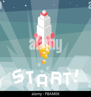 Rocket launch. Business startup metaphor. Cubes composition isometric vector illustration of cruise missile. New product, successful beginning concept Stock Vector