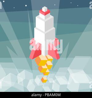 Rocket launch. Cubes composition isometric vector illustration of cruise missile. New product, successful beginning concept. Stock Vector