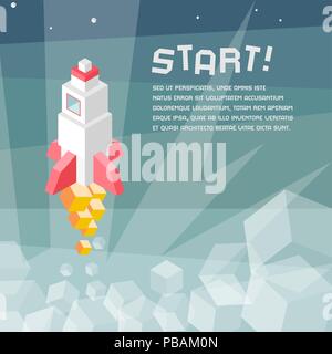 Rocket launch, business startup metaphor. Cubes composition isometric vector illustration of cruise missile. New product, successful beginning concept Stock Vector