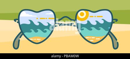 Glasses reflects beach, sea or ocean, waves and sunshine. Vector object for travel design Stock Vector