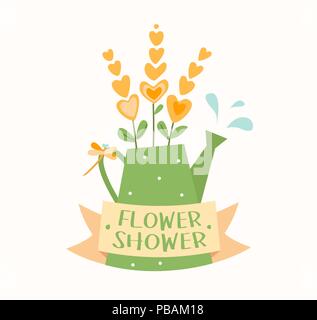 Watering can with flowers, ribbon, dragonfly and water drops, flower shop logotype vector template, logo design Stock Vector