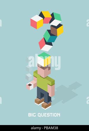 Man with big question doubts, giant question mark, cubes composition isometric vector illustration Stock Vector