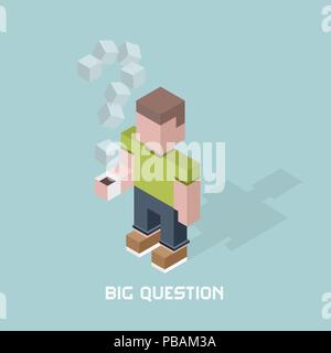 Man with big question doubts, giant question mark of coffee steam, cubes composition isometric vector illustration Stock Vector