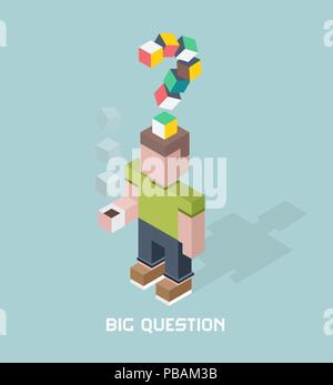 Man with big question doubts, cubes composition isometric vector illustration Stock Vector