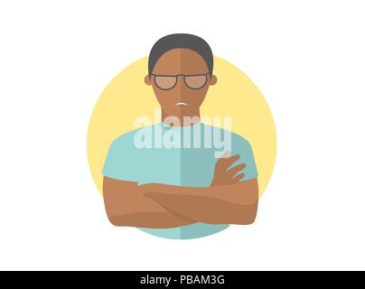 Sullen and gloomy handsome black man in glasses, offended guy. Flat design icon. Morose, moody emotion. Simply editable isolated on white vector sign Stock Vector