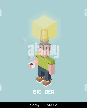 Man with big idea bulb overhead, cubes composition isometric vector illustration Stock Vector