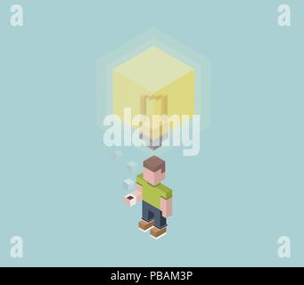 Man with big idea bulb overhead, giant electric lightbulb, cubes composition isometric vector illustration Stock Vector