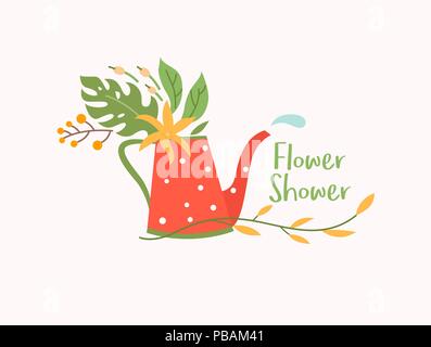 Watering pot colored as amanita with flowers and water drop, flower shop logotype vector template, logo design Stock Vector