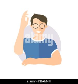 Ready, willing to answer or help boy in glasses. Flat design icon of handsome man with hand up. Simply editable isolated on white vector sign Stock Vector