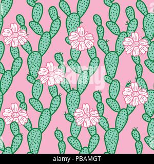 Cute hand-drawn seamless pattern with green cactus. Vector illustration on pink. Stock Vector