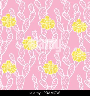 Cute cactus with yellow flower seamless pattern. Vector illustration hand drawing white cacti on pink background. Stock Vector