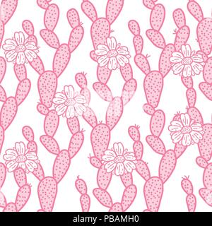 Cute pink cactus hand drawing with flowers seamless pattern. Vector illustration cacti isolated on white background. Stock Vector