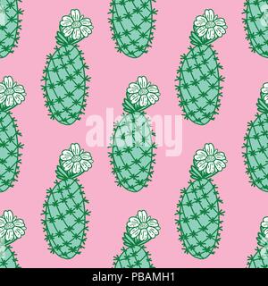 Cute hand-drawn seamless pattern with cactus. Vector illustration on pink Stock Vector