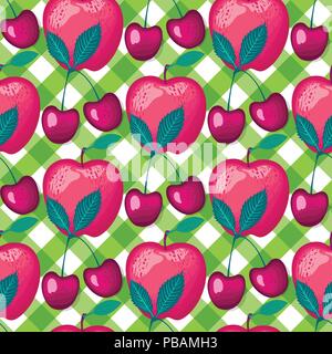 Cherries berries on green checkered hearts. Summer lettring. Vector seamless pattern background. Stock Vector