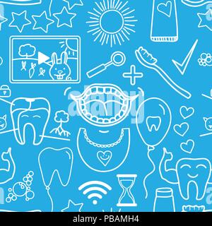 Vector Set Dental care kids symbols. Seamless pattern isolated on blue background. Stock Vector