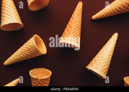 Ice cream cones from above, minimal flat lay composition with copy space Stock Photo