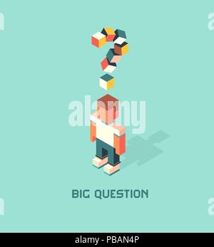 Man with big question doubts, cubes composition isometric vector illustration Stock Vector