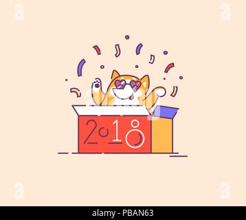 Dog in a box celebrating new 2018 year of the dog flat vector illustration Stock Vector