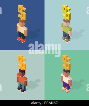 Set of person with giant dollar sign overhead, isometric cubes vector illustrations Stock Vector