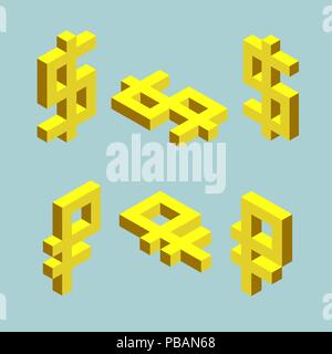 Set of dollar and ruble signs. Cubes form, isometric US and russian currencies icons, vector illustrations Stock Vector