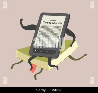 E-reader overcame paper book, comic vector illustration Stock Vector