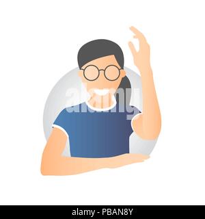 Ready, willing to answer or help caucasian girl in glasses. Flat gradient icon of european pretty woman with hand up. Simply editable isolated on whit Stock Vector