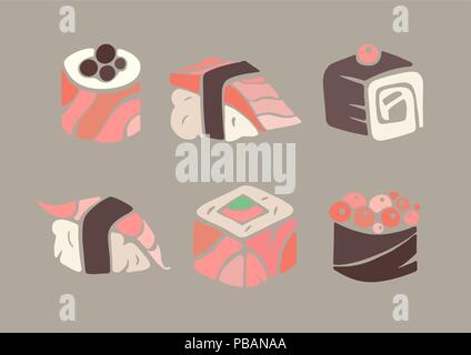 Sushi rolls vector set, asian dishes icons Stock Vector