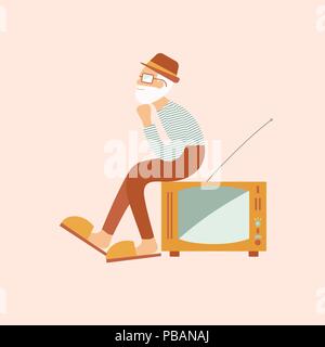 Old man in a hat seats on old retro TV and dream. Flat vector illustration Stock Vector