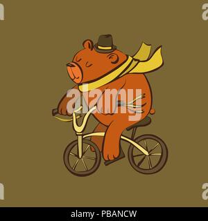 Cute cartoon bear on bicycle in hat and scarf, vector illustration Stock Vector