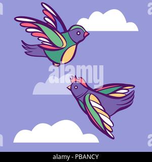 Vector couple of cute cartoon birds in sky with clouds Stock Vector