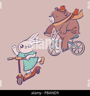 Cute cartoon rabbit in dress on scooter and bear on bike vector illustration Stock Vector