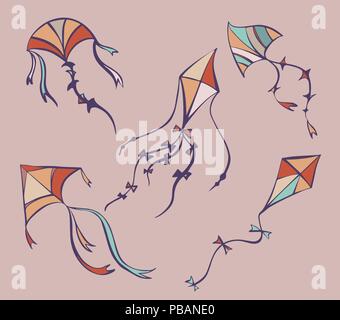 Set of flying kites in cartoon style, vector illustrations Stock Vector