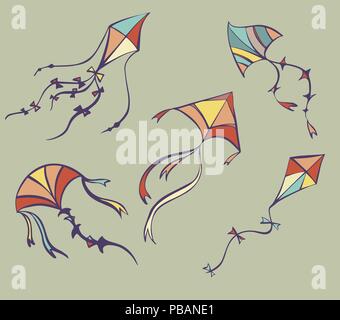 Set of flying kites in cartoon style, vector illustrations Stock Vector