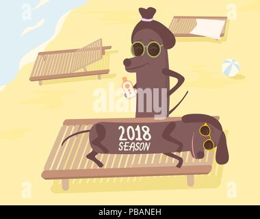 Dogs on beach having summer fun. 2018 season letterning. Vector illustration Stock Vector