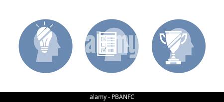 Vector set of icons: idea, test, winner. Abstract stencil on head silhouette Stock Vector