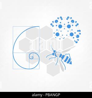 Nature inspiration icon. Vector illustration of honeycombs, bee, fibonacci spiral and fullerene molecule Stock Vector