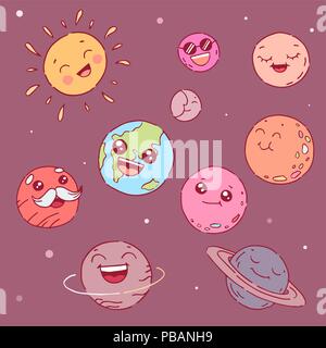 Cute cartoon planets with faces. Vector illustration Stock Vector