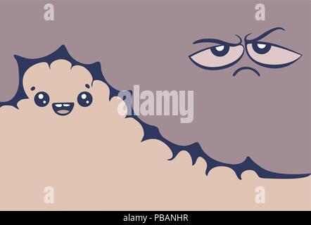 ?heerful and gloomy cartoon clouds with faces, vector illustration Stock Vector