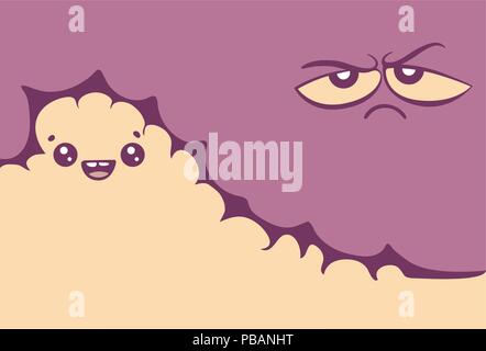 Cheerful and gloomy cartoon clouds with faces, vector illustration Stock Vector