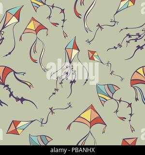 Seamless pattern of flying kites in cartoon style, vector illustration Stock Vector